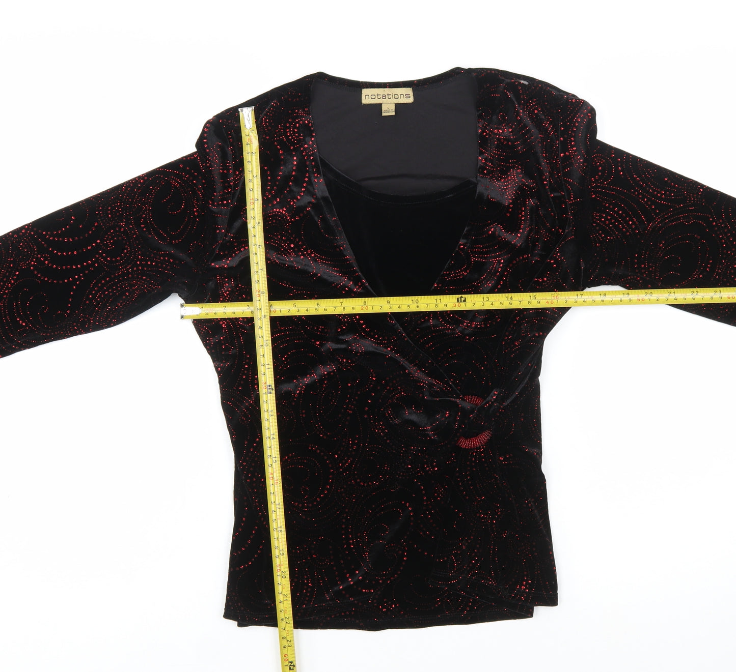 Notations Women's Black Velvet Wrap Blouse L Beaded Party Top
