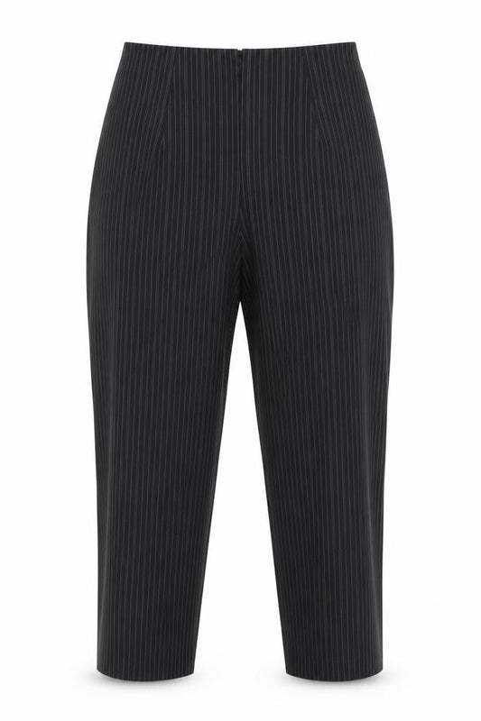 Front view of All That Jazz Women’s Black Pinstripe High-Rise Pleated Dress Pants, size UK 14
