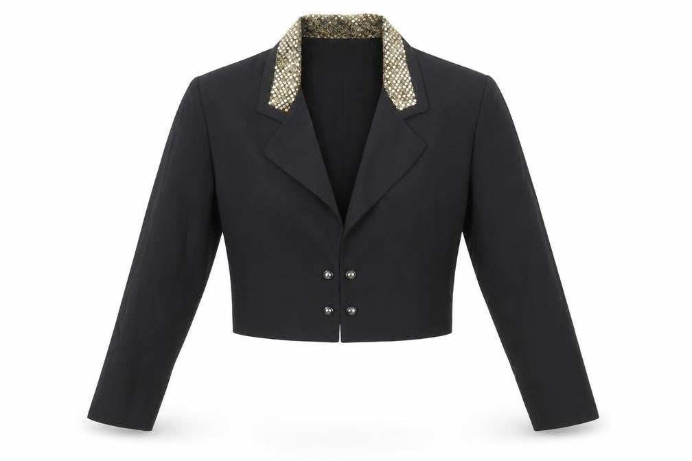 Front view of John Roberts Women's Black Cropped Suit Jacket Gold Trim, size 10