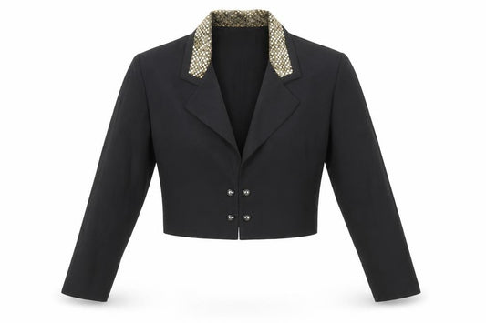 Front view of John Roberts Women's Black Cropped Suit Jacket Gold Trim, size 10