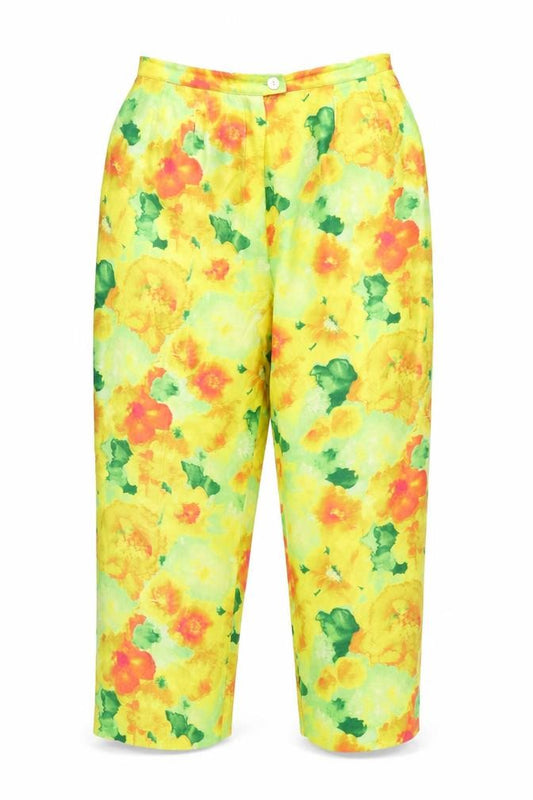 Front view of Hervé Benard Women’s Multicoloured Floral Silk Cropped Trousers, size UK 10