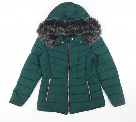 New Look Women’s Green Faux Fur Trim Puffer Jacket Size 10