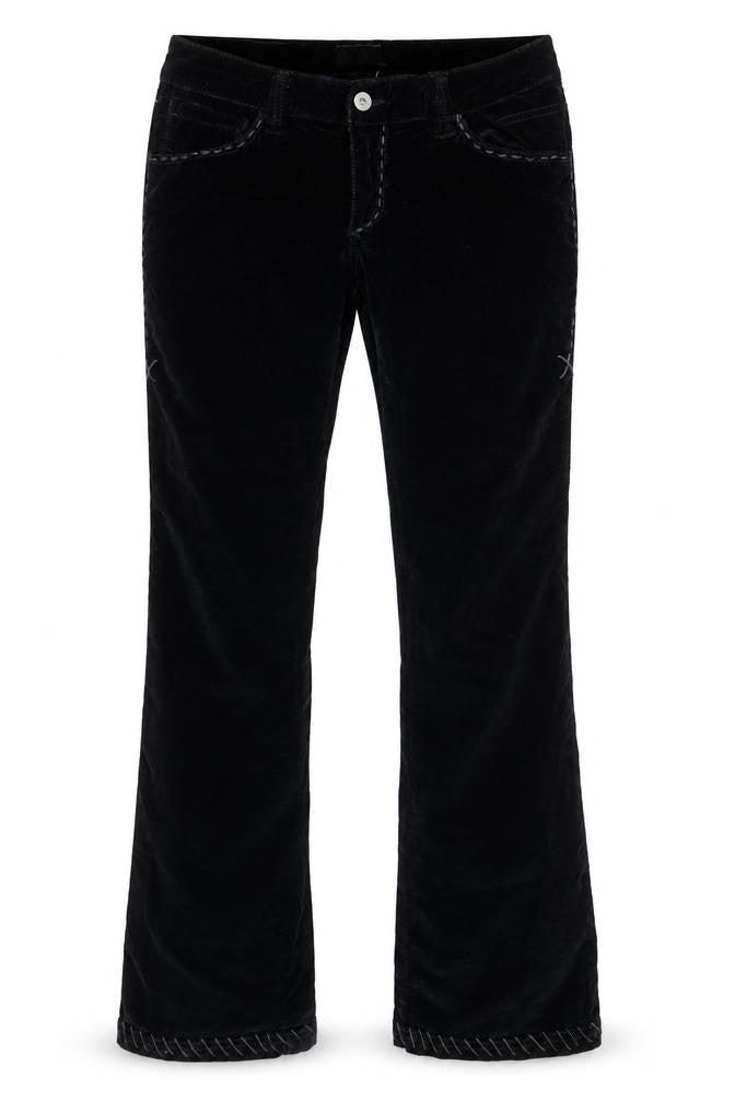 Front view of Antik Denim Women's Black Velvet Flared Trousers, size 29