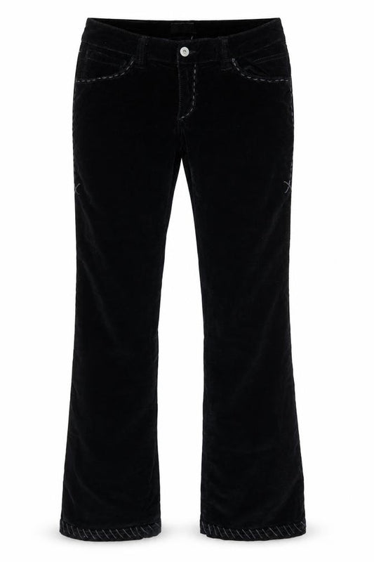 Front view of Antik Denim Women's Black Velvet Flared Trousers, size 29