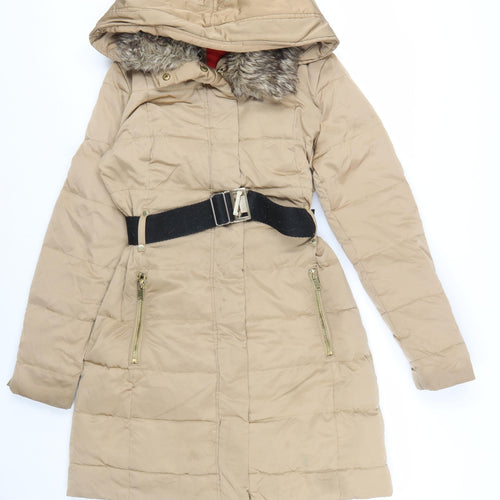 Mango Women Beige Belted Hooded Long Puffer Coat Size S