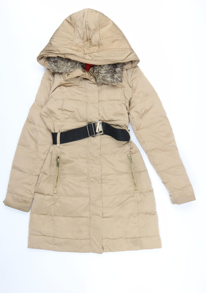 Mango Women Beige Belted Hooded Long Puffer Coat Size S