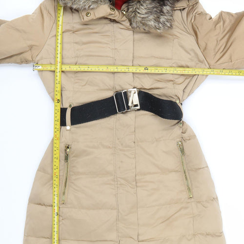 Mango Women Beige Belted Hooded Long Puffer Coat Size S