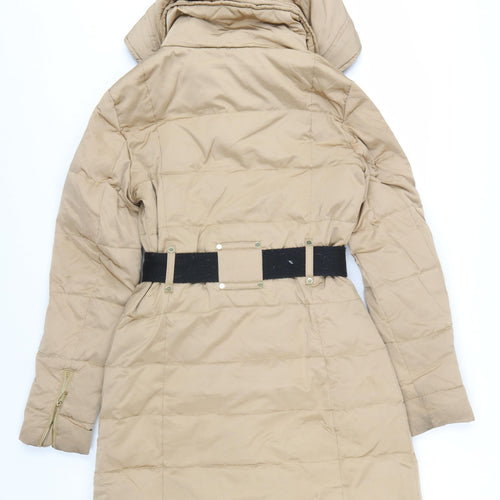 Mango Women Beige Belted Hooded Long Puffer Coat Size S