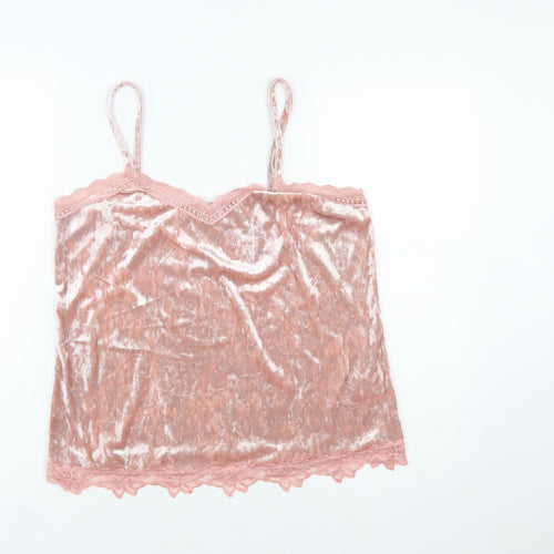 Cupio Women Pink Velvet Lace Trim Camisole Tank Top L
