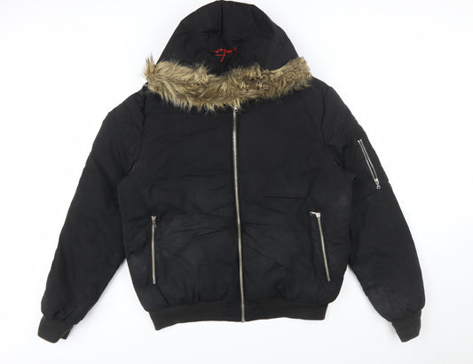 Couture Men’s Black Faux Fur Hooded Bomber Jacket Size L