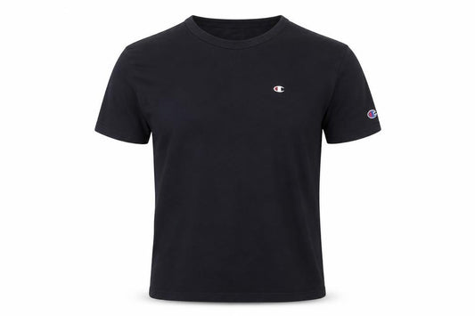 Front view of Champion Men's Black Cotton Crew Neck Short Sleeve T-Shirt, size S