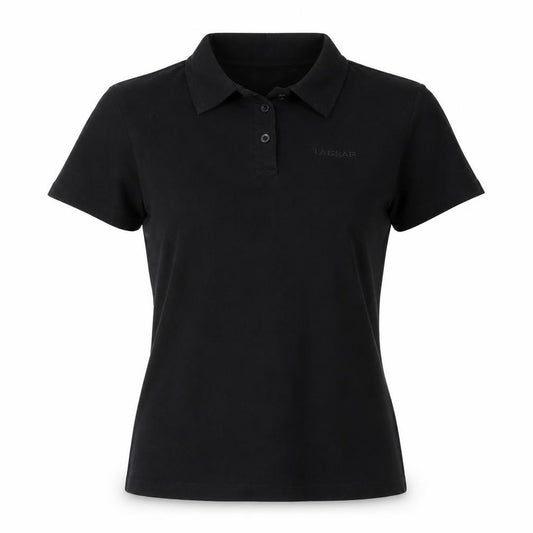 Front view of LA Gear women’s black polo shirt, size UK 12, short sleeve cotton stretch