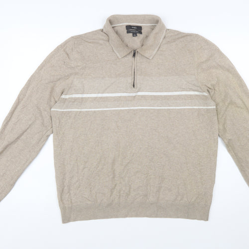 Marks and Spencer Men’s Beige Cotton 1/2 Zip Collared Jumper XL