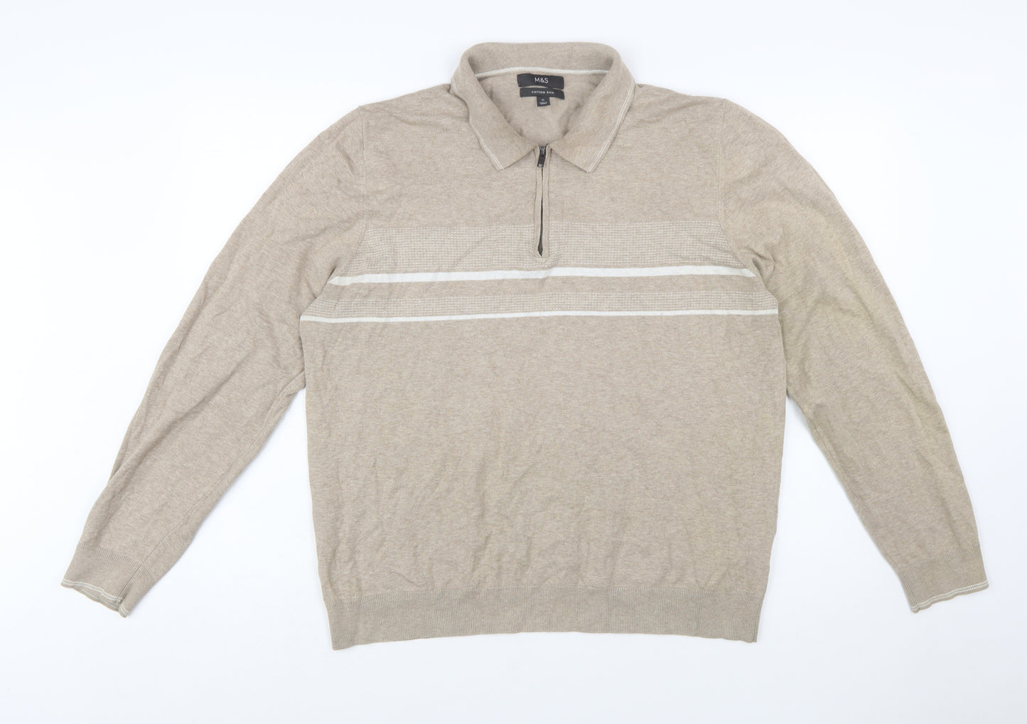 Marks and Spencer Men’s Beige Cotton 1/2 Zip Collared Jumper XL