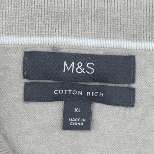 Marks and Spencer Men’s Beige Cotton 1/2 Zip Collared Jumper XL