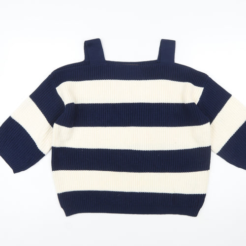 Marks and Spencer Women's Blue Striped Cotton Pullover Jumper Size L