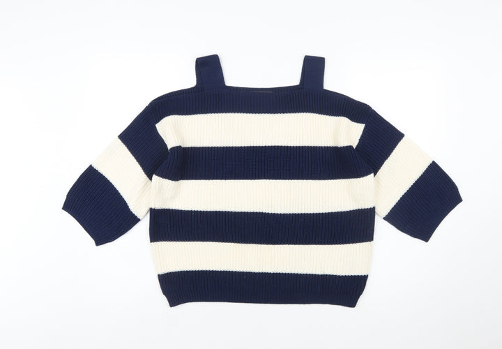 Marks and Spencer Women's Blue Striped Cotton Pullover Jumper Size L