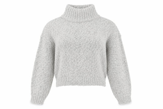 Front view of Hollister women’s grey chunky knit roll neck jumper, size S