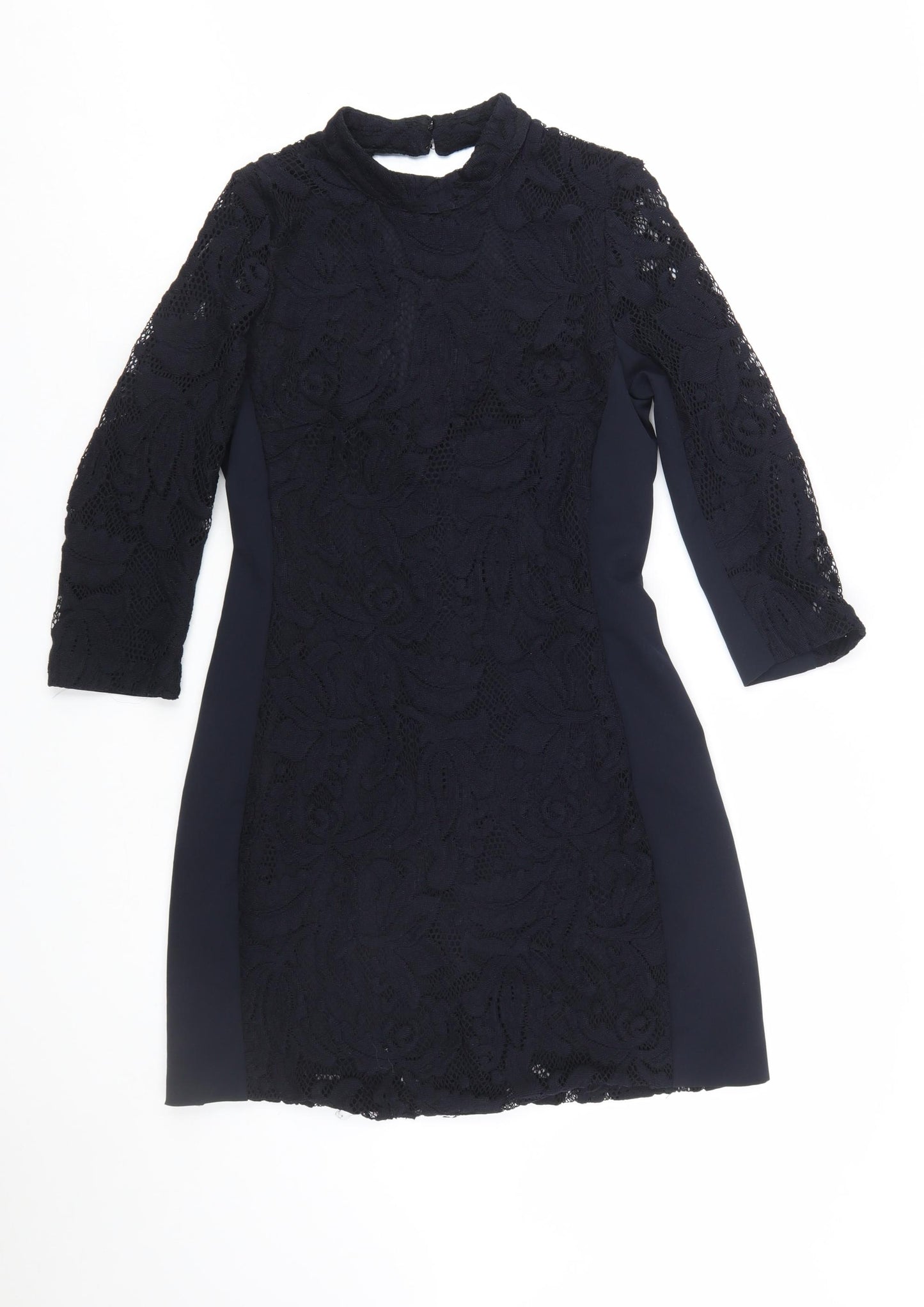 H&M Women Black Lace Sheath 3/4 Sleeve Knee Length Dress Size 10
