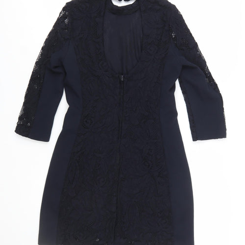 H&M Women Black Lace Sheath 3/4 Sleeve Knee Length Dress Size 10