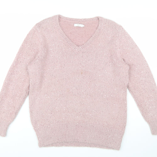 Cotton Traders Women's Dusky Pink Sequin V-Neck Knit Jumper Size 16