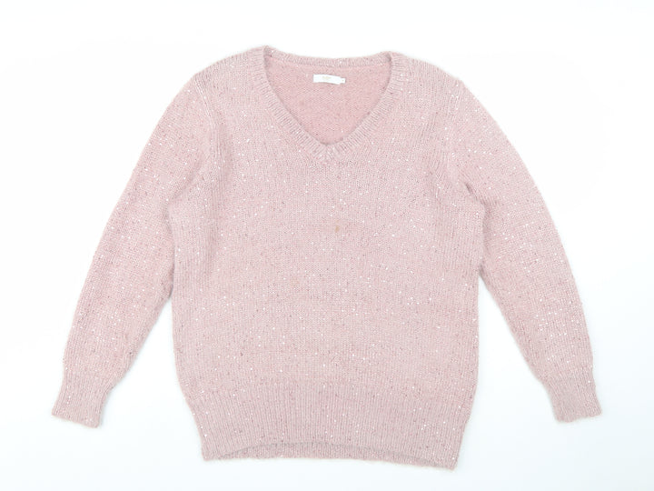 Cotton Traders Women's Dusky Pink Sequin V-Neck Knit Jumper Size 16