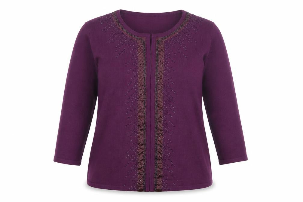 Front view of Marks & Spencer Women's Deep Purple Beaded Cardigan UK 16