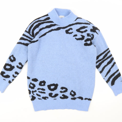 QUIZ Women Blue Animal Print Mock Neck Long Sleeve Jumper Size S