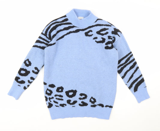 QUIZ Women Blue Animal Print Mock Neck Long Sleeve Jumper Size S
