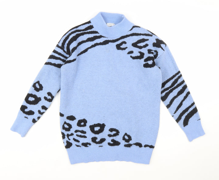 QUIZ Women Blue Animal Print Mock Neck Long Sleeve Jumper Size S