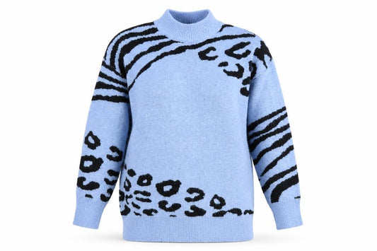 Front view of QUIZ Women Blue Animal Print Mock Neck Long Sleeve Jumper, size S