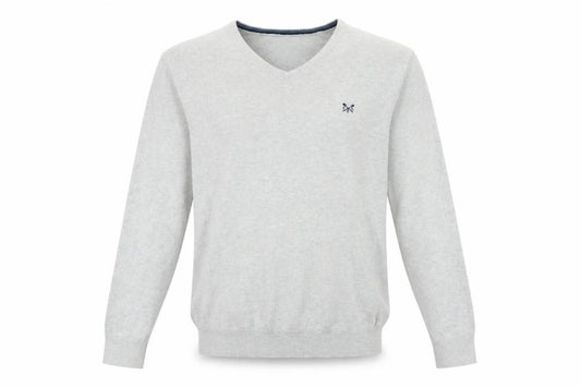 Front view of Crew Clothing Men’s Grey V-Neck Cotton Cashmere Jumper L