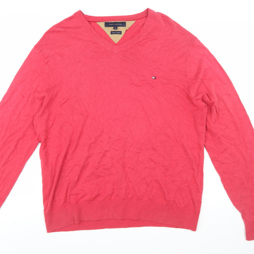 Tommy Hilfiger Men's Red Cotton Cashmere V-Neck Jumper XL