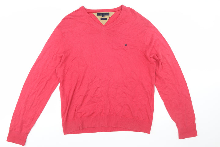 Tommy Hilfiger Men's Red Cotton Cashmere V-Neck Jumper XL