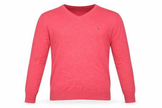 Front view of Tommy Hilfiger Men's Red Cotton Cashmere V-Neck Jumper XL