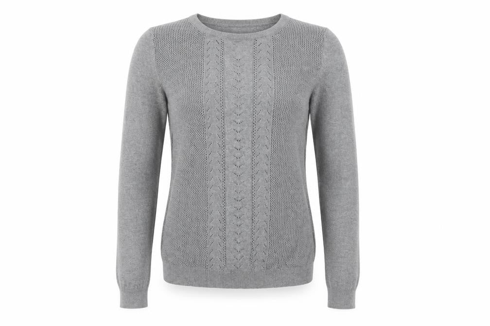 Front view of Mango Women’s Grey Cable-Knit Crew Neck Long Sleeve Jumper, size UK 8