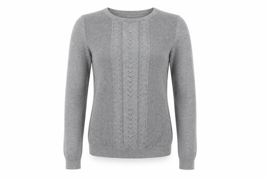 Front view of Mango Women’s Grey Cable-Knit Crew Neck Long Sleeve Jumper, size UK 8