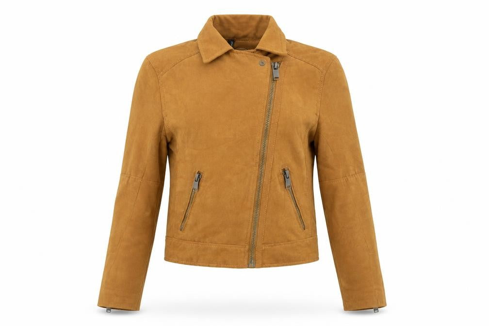 H&M Divided Womens Camel Biker Jacket Size 6 Faux Suede Short Zip Style