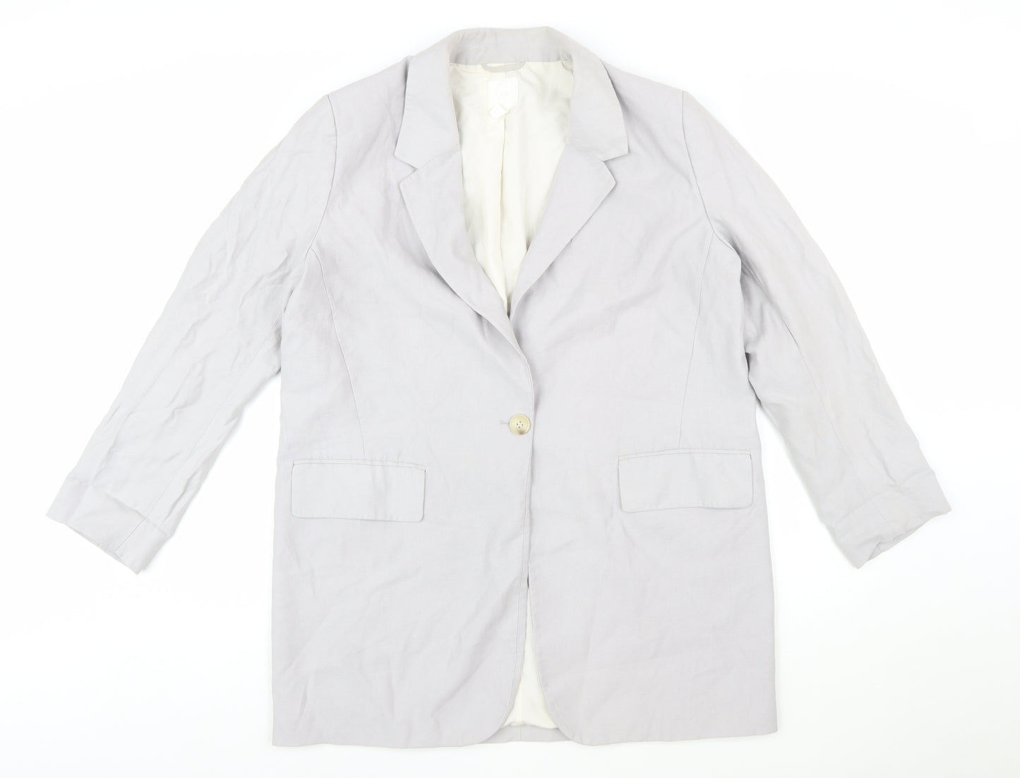 H&M Women’s Grey Linen Blend Single-Breasted Blazer Size 12