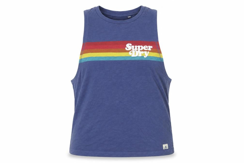 Front view of Superdry Women’s Blue Retro Rainbow Tank Top, size UK 14