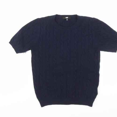 Uniqlo Women's Blue Cable-Knit Short Sleeve Cotton Blend Jumper Size S
