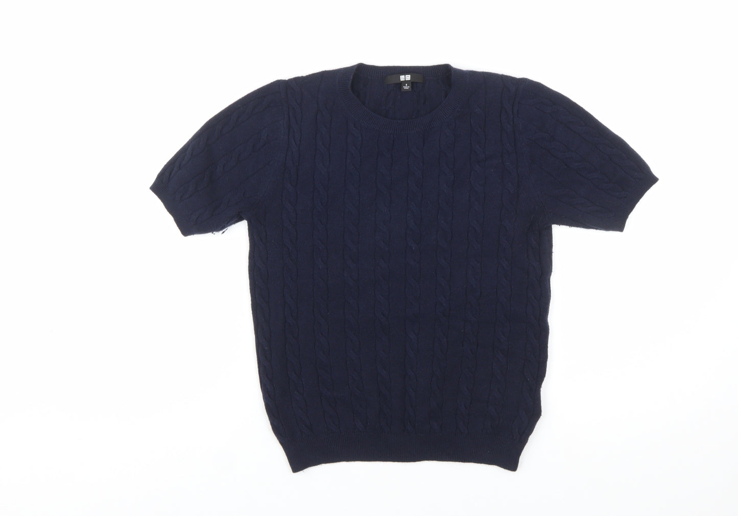 Uniqlo Women's Blue Cable-Knit Short Sleeve Cotton Blend Jumper Size S