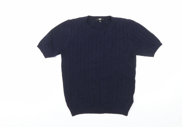 Uniqlo Women's Blue Cable-Knit Short Sleeve Cotton Blend Jumper Size S