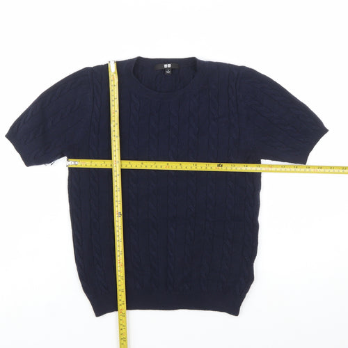Uniqlo Women's Blue Cable-Knit Short Sleeve Cotton Blend Jumper Size S