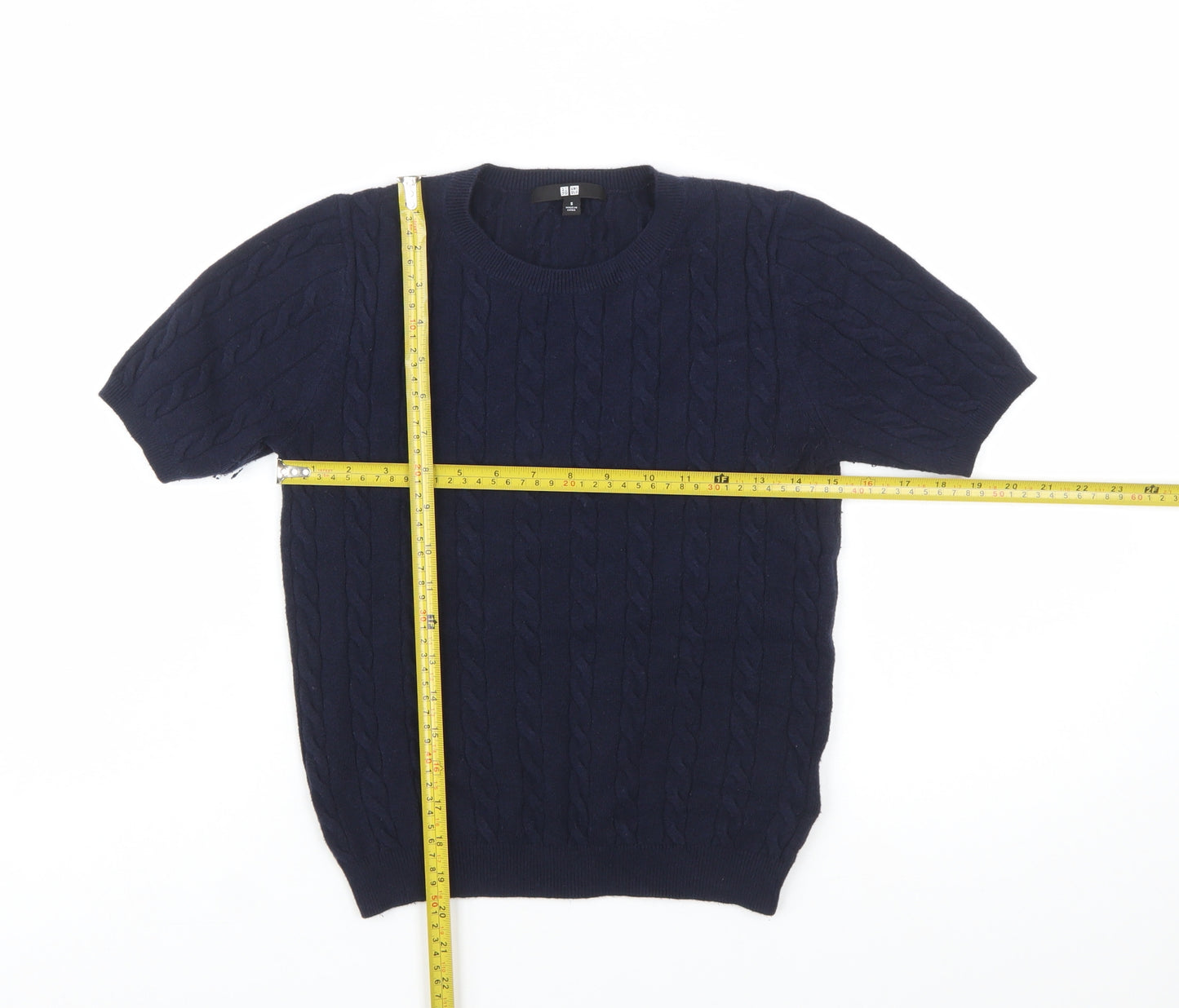Uniqlo Women's Blue Cable-Knit Short Sleeve Cotton Blend Jumper Size S