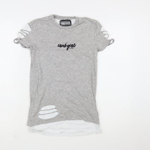 Unique Be You Womens Grey Distressed Short Sleeve T-Shirt 2XS