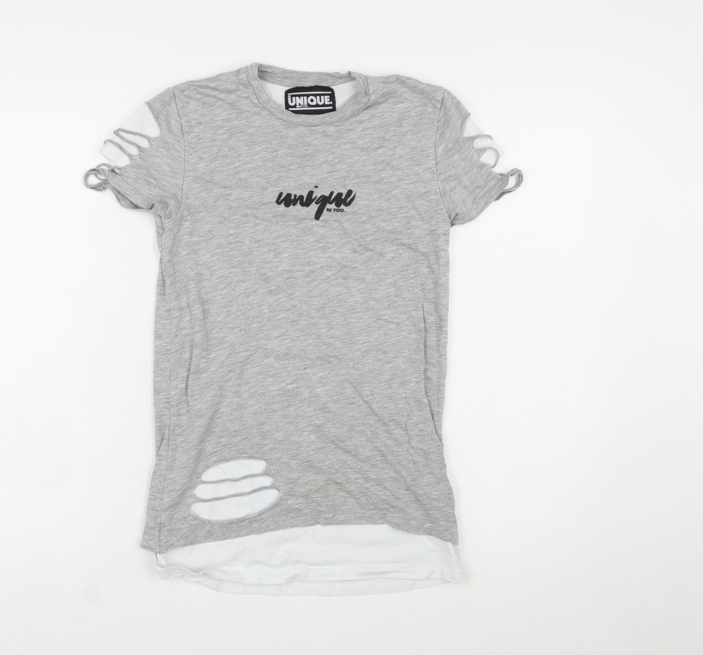 Unique Be You Womens Grey Distressed Short Sleeve T-Shirt 2XS