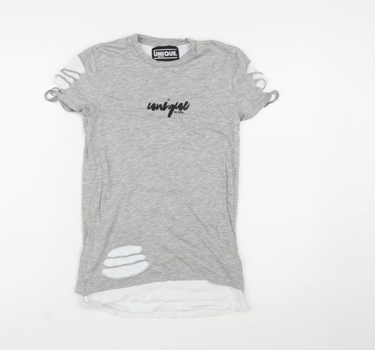 Unique Be You Womens Grey Distressed Short Sleeve T-Shirt 2XS