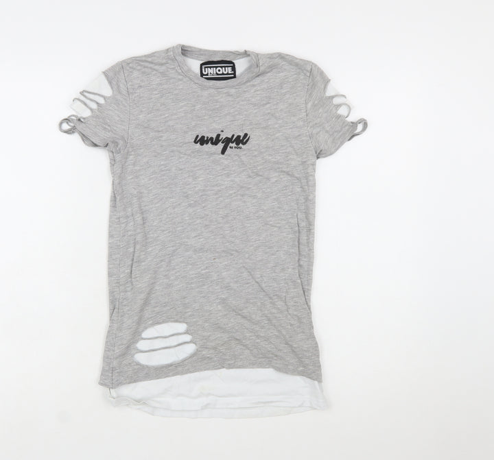 Unique Be You Womens Grey Distressed Short Sleeve T-Shirt 2XS