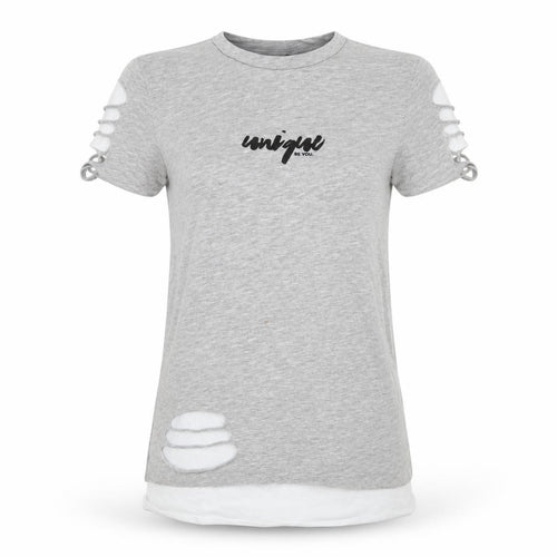 Unique Be You Womens Grey Distressed Short Sleeve T-Shirt 2XS